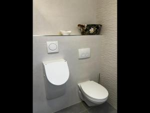 La salle de bains est pourvue de toilettes blanches et d'un lavabo. dans l'établissement NEU! Ferienwohnung Feuergasse, 