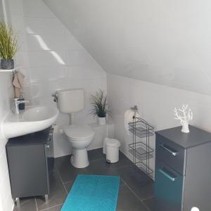 Demen的住宿－Moderne FeWo Seeidyll 3 Seen 2 Boote + Sommerpool，白色的浴室设有卫生间和水槽。