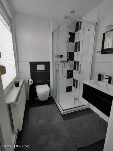 a bathroom with a shower and a toilet and a sink at Ferienwohnung Wildgans 2 Dollart Ostfriesland in Ditzumerverlaat