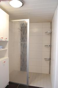 y baño con ducha y puerta de cristal. en NEU! Ferienhaus Johann an der Nordsee, en Dornum