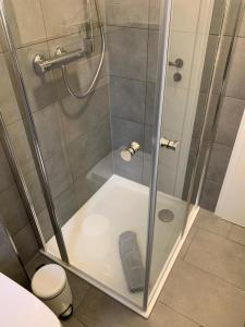 a shower with a glass door in a bathroom at NEU Küstenliebe Friesland in Varel