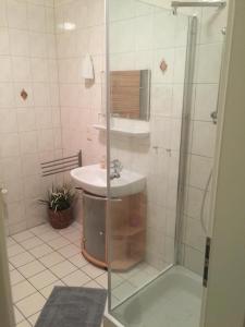 uma casa de banho com uma cabina de duche em vidro e um lavatório. em NEU! FeWo Haubentaucher 600 Meter vom Strand em Prerow