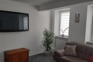 een woonkamer met een bank en een flatscreen-tv bij FeWo Pfaffen-Schwabenheim in Pfaffen-Schwabenheim
