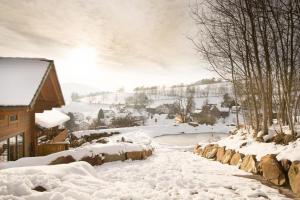 una localidad cubierta de nieve con una casa y una calle cubierta de nieve en NEU Auszeit am Küppel Sauna und Badeteich, en Gersfeld