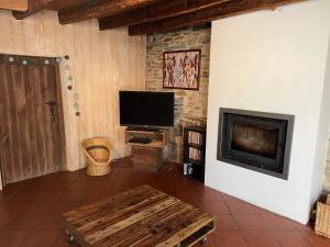 ein Wohnzimmer mit einem Kamin und einem Flachbild-TV in der Unterkunft Gîte de la Haie des Bois - 8P in Plessé