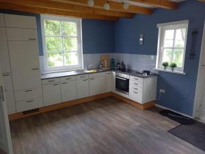 eine Küche mit blauen Wänden, weißen Schränken und Fenstern in der Unterkunft NEU! Stylisches Ferienhaus an der Südheide in Scharnhorst