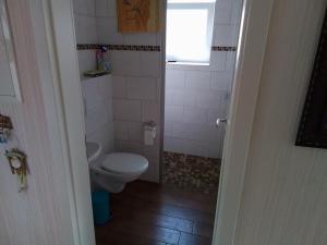 een kleine badkamer met een toilet en een raam bij Ferienhaus Doris Seeblick in Tannenhausen