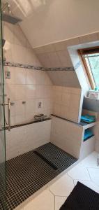 uma casa de banho com um chuveiro e uma porta de vidro em NEU! Ferienwohnung Ramke OG em Lilienthal