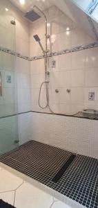 um chuveiro com uma porta de vidro na casa de banho em NEU! Ferienwohnung Ramke OG em Lilienthal