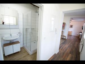 阿斯菲爾德的住宿－NEU! Schicke FeWo Alsfeld，一间带玻璃淋浴和水槽的浴室