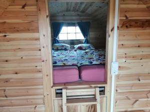 a bunk bed in a cabin with a window at NEU! Campingfass Milchschafhof in Bremervörde