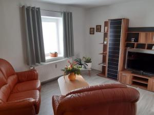 een woonkamer met een bank en een televisie bij NEU! Ferienwohnung Hanka in Crostwitz