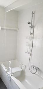 a white bathroom with a shower and a tub at NEU! Ferienwohnung am Schwedenberg in Elfershausen