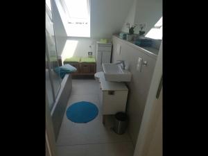Baño pequeño con lavabo y alfombra azul en NEU Modernes Appartment Lara 