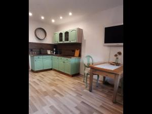 a kitchen with green cabinets and a wooden table at Zur alten Gurkeneinlegerei in Lübbenau