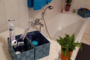 a bathroom with a bath tub with a toothbrush holder at FeWo Bergstadt Ehrenfriedersdorf in Ehrenfriedersdorf