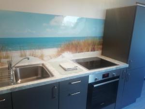 a kitchen with a sink and a view of the beach at NEU! Ferienwohnung Nordfriesland in Achtrup