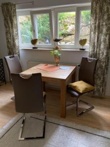 einen Tisch und Stühle in einem Zimmer mit Fenster in der Unterkunft NEU! Ferienwohnung Hege 18 am Bodensee in Wasserburg