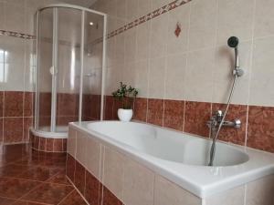 W łazience znajduje się wanna i prysznic. w obiekcie NEU! Ferienglück Gornsdorf - moderne FeWo- w mieście Gornsdorf