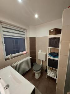 a bathroom with a toilet and a window at NEU Ferienwohnung Lottje in Dannewerk