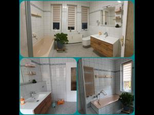 two pictures of a bathroom with two sinks and a tub at NEU! Ferienwohnung Unger in Schwarzenberg