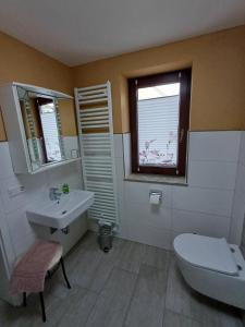 baño con lavabo y aseo y ventana en NEU Apartment Hanka en Crostwitz