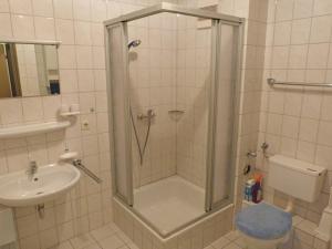 una ducha con una puerta de cristal junto a un lavabo en Fehaus Spiekeroog Wohnung 6, en Dornumersiel