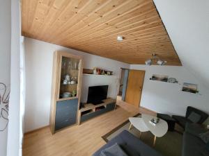 a living room with a couch and a tv at NEU! Fewo Merle mit Balkon in Carolinensiel