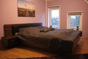 1 Schlafzimmer mit einem großen Bett und 2 Fenstern in der Unterkunft Ferienwohnung Geeske im Gulfhof in Krummhörn