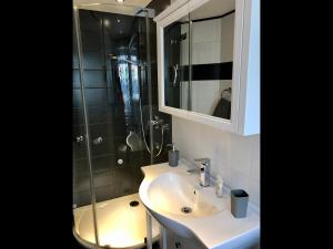 een badkamer met een wastafel en een douche bij NEU! Ferienhaus Schliephake in Schöningen
