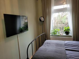 1 dormitorio con 1 cama y TV de pantalla plana en la pared en NEU! Stilvolle FeWo Finsterwalde, en Finsterwalde