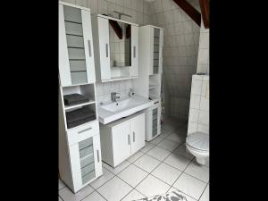 a white bathroom with a sink and a toilet at NEU! FeWo Gremminer See in Gräfenhainichen