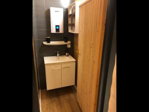 un piccolo bagno con lavandino e specchio di NEU! Ferienhütte Tiny House a Schöningen
