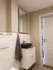 a bathroom with a sink and a mirror at NEU! Modernes Ferienhaus Hohensayn in Lautzenbrücken