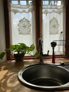 a sink in front of a window with curtains at NEU Feriendomizil Nordfriesland Pur in Braderup