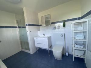 a white bathroom with a sink and a toilet at NEU Ferienhaus Dat Wildberghus in Wildberg