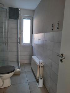 a bathroom with a toilet and a shower at NEU! Kleinstadtferienhaus Grimmen in Grimmen