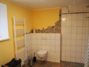 a bathroom with a toilet and a yellow wall at NEU Fewo im Bauernhaus mit idyllischem Innenhof und Naturgarten in Mesekenhagen