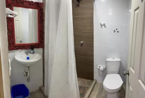 ein Badezimmer mit einem WC, einem Waschbecken und einem Spiegel in der Unterkunft Aparta Estudio Valle del Lili- Cali canto in Cali