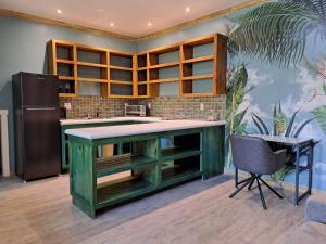 a kitchen with a green island with a refrigerator at Skully's House in Bocas del Toro