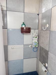 a bathroom with a shower with a tiled wall at Aire San Carlos in Mar del Plata