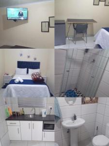 2 fotos de un dormitorio con cama y lavabo en The Croc Guest house, en Springs