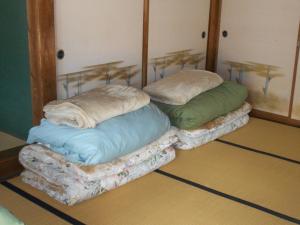 two pillows sitting on the floor in a room at とんかつ&ヒーリングハウスえん in Shimmachi