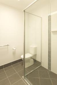 
a bathroom with a shower stall and a toilet at Glenmore Palms Motel in Rockhampton
