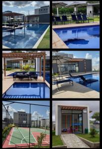 a group of four pictures of a swimming pool at Studio Garden 02 Quartos in Caruaru