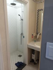 ein Bad mit einer Dusche und einem Waschbecken in der Unterkunft Honey Bear Pension in Pyeongchang