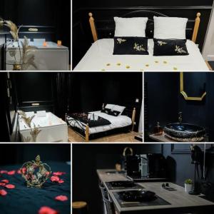 un collage de photos d'une chambre avec un lit et une cuisinière dans l'établissement Suite Impériale Jacuzzi ~ Cinéma ~ Self Check-in, à Le Petit-Quevilly