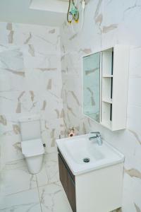uma casa de banho com um WC, um lavatório e um espelho. em The Pearls em East Legon
