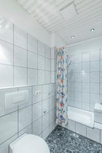 La salle de bains blanche est pourvue d'une douche et de toilettes. dans l'établissement Apartment Auszeit - mitten im Ski- und Wandergebiet Spitzingsee, à Schliersee