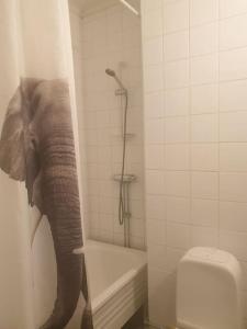 an elephant standing in a bathroom with a shower at Central hel lägenhet. Nära till allt. in Umeå